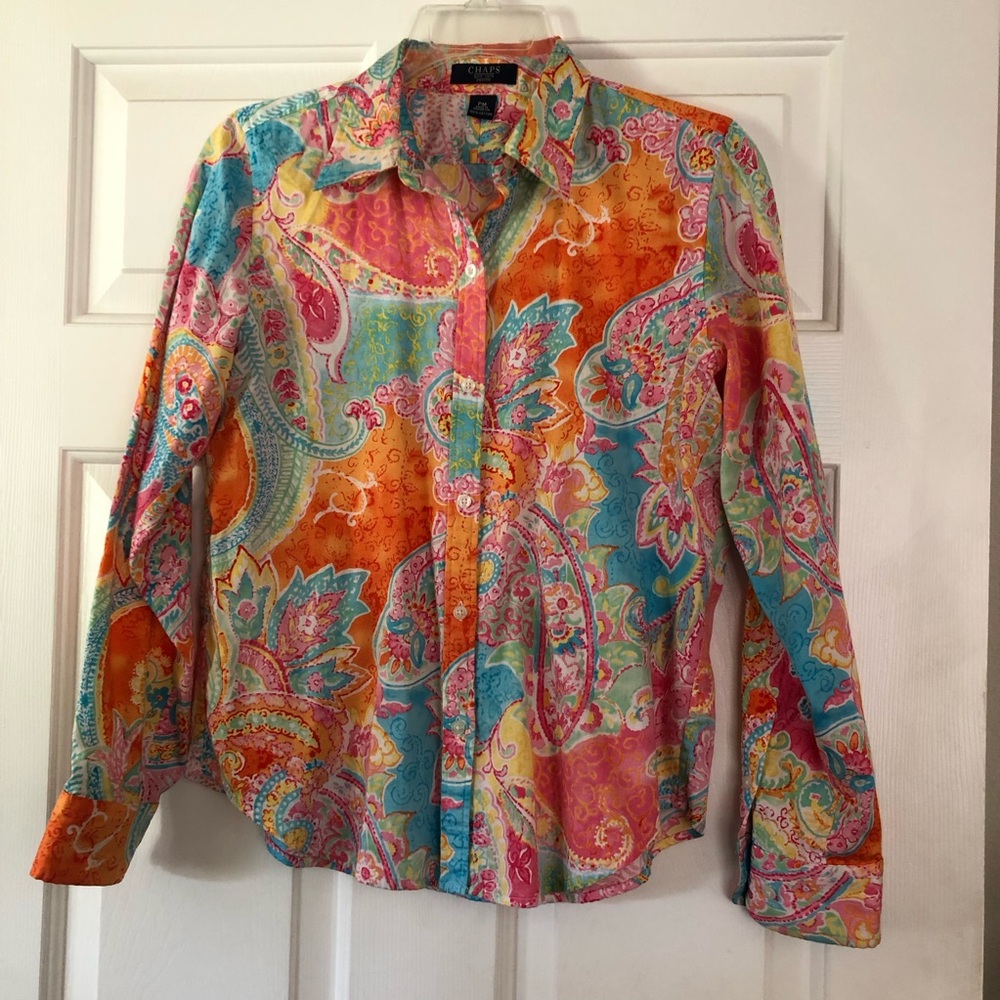 Womens CHAPS Paisley Long Sleeve Button Down Collared Blouse Shirt Petite Medium